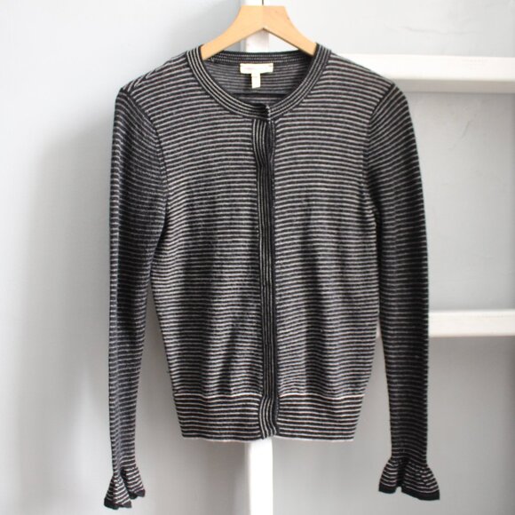 REBECCA TAYLOR Black Striped Wool Alpaca Blend Knit Ruffle Hem Cardigan Medium - Picture 1 of 5
